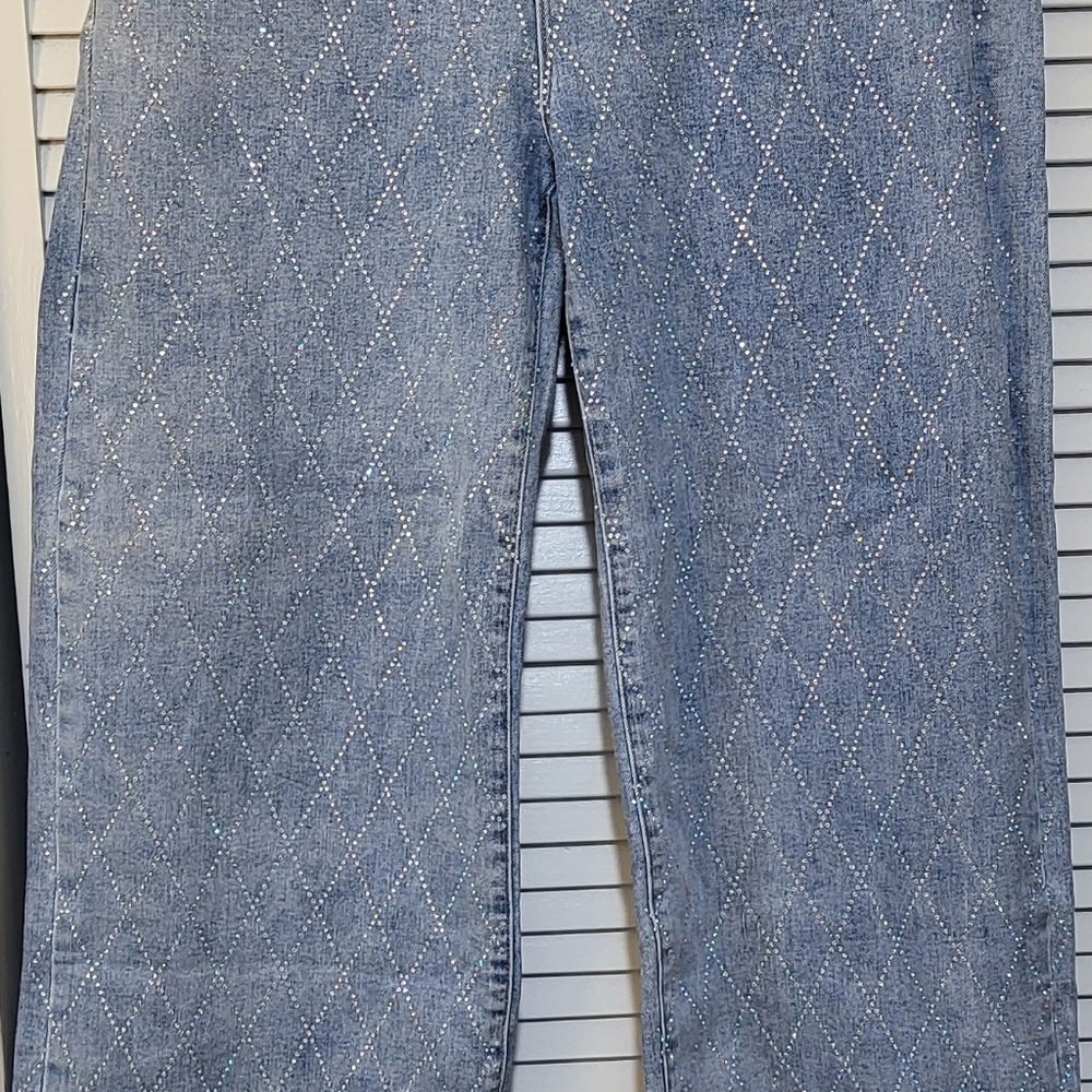 Elegant Blue Boot Cut Jeans with Diamond Pattern